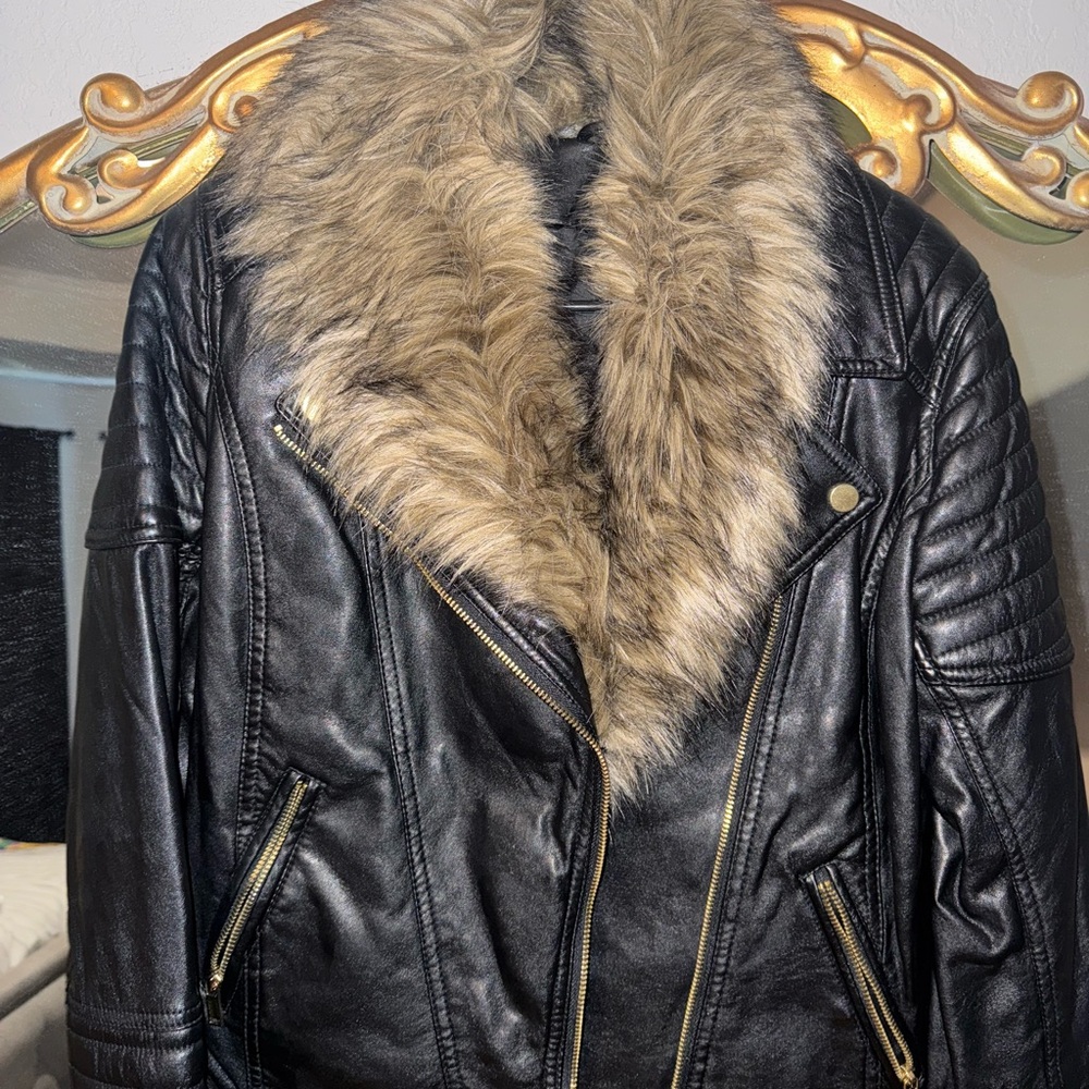 Black Leather Jacket with Faux Fur Collar